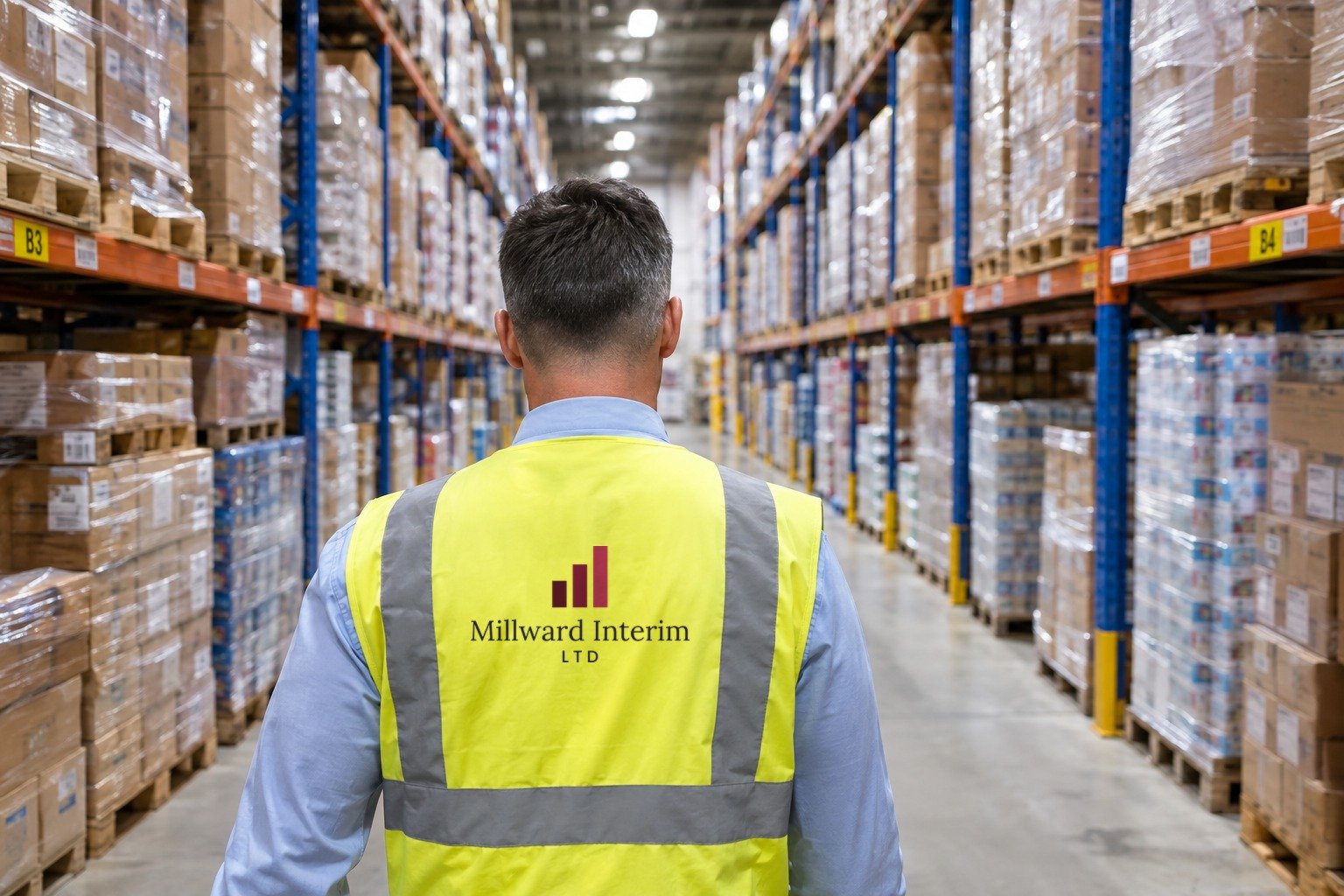 A manager in a Millward Interim hi-vis vest walking down a warehouse aisle between pallet racking