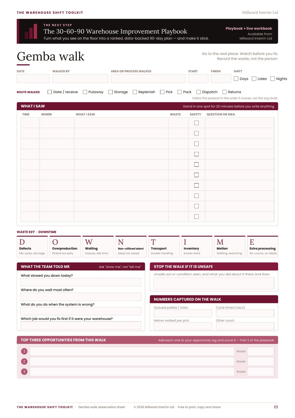 Page 1 of the free gemba walk observation sheet